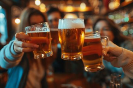 A group cheering with beer glasses